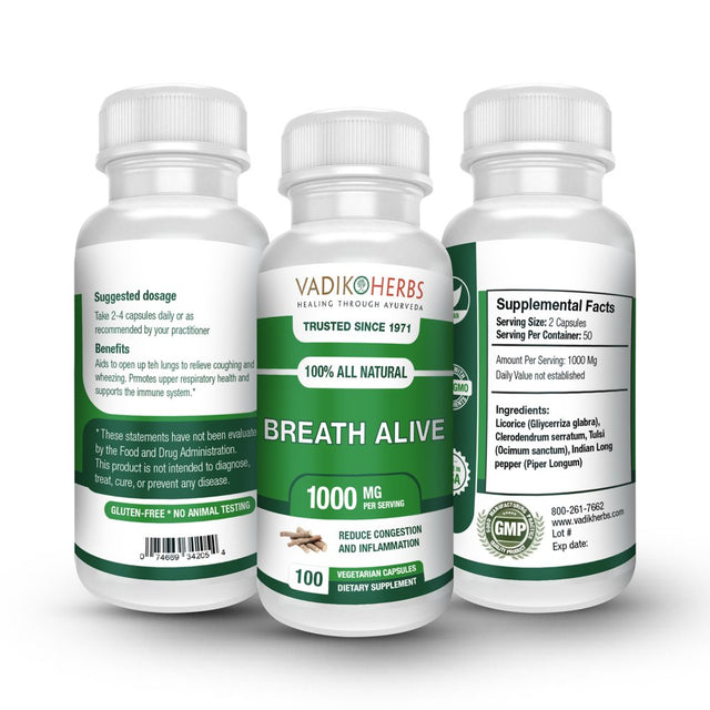 Breath Alive by Vadik Herbs | All Natural Lungs and Bronchial Supplement | Herbal Respiratory Health | All Natural Ayurvedic Lung Health | Pure Vegetarian Capsules