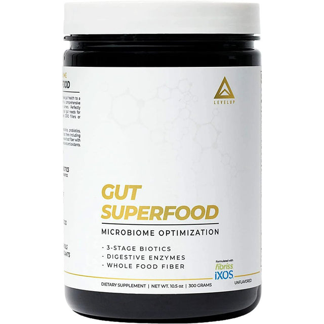 Levelup Gut Superfood, Fiber Supplement for Leaky Gut, Digestive Problems, Stomach Discomfort, Prebiotic Probiotic Postbiotic XOS Supplement, Gluten-Free, No Additives, Total Gut Health (Unflavored)