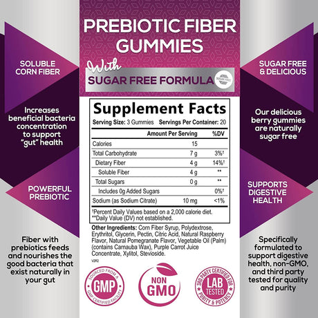 Sugar-Free Fiber Supplement Gummies for Adults - 4G Soluble Fiber per Serving - Natural Prebiotic Fiber Gummies Support Daily Digestive Health & Regularity - Plant Based & Berry Flavor - 60 Gummies