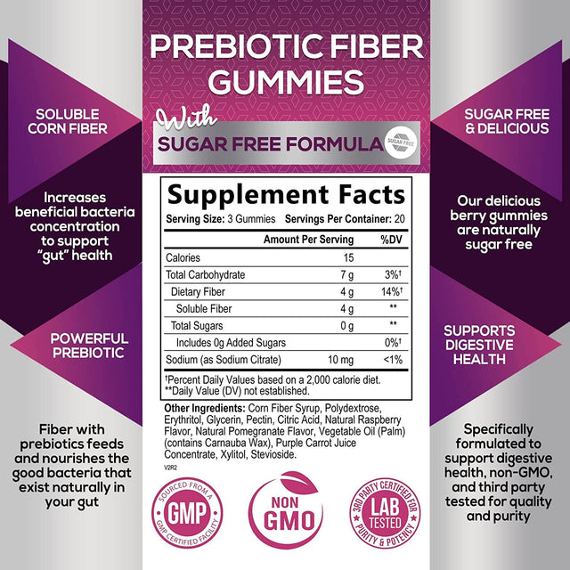 Sugar-Free Fiber Supplement Gummies for Adults - 4G Soluble Fiber per Serving - Natural Prebiotic Fiber Gummies Support Daily Digestive Health & Regularity - Plant Based & Berry Flavor - 60 Gummies