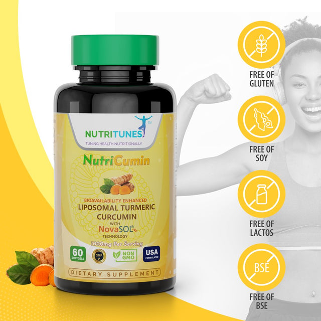 Nutritunes Nutricumin 1000Mg Liposomal Turmeric Curcumin with Novasol (60 Softgels) | for Joint Health - Non-Gmo, Gmp-Certified, and Allergen Free