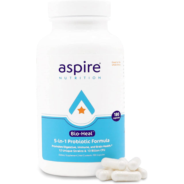 Aspire Nutrition 5-In-1 Bio-Heal® Probiotic for Kids, Men & Women - Best Supplement for Brain Function, Gut Health & Constipation - Shelf Stable & Fortified with Vitamin, Mineral & Prebiotic - Capsule