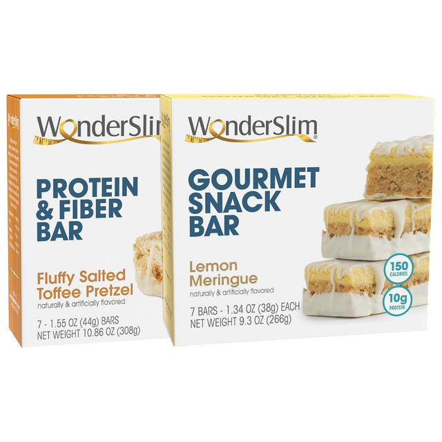 Wonderslim Fluffy Salted Toffee Pretzel Protein & Fiber Bar and Lemon Meringue Gourmet Snack Bar Bundle