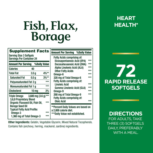 Nature'S Bounty Omega 3-6-9 1200 Mg Softgels, Fish, Flax, Borage for Heart Health, 72 Ct