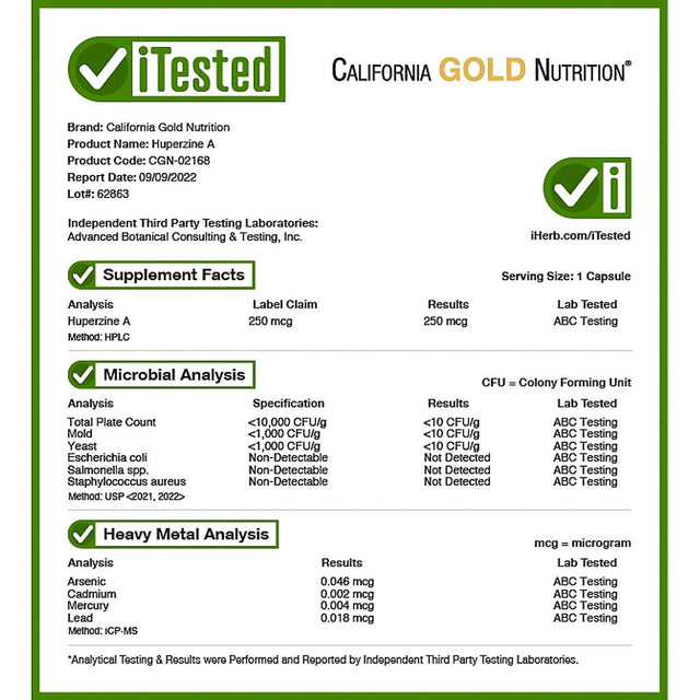 Huperzine a by California Gold Nutrition - Support for Memory & Cognitive Function - Promotes Healthy Acetylcholine Levels - Vegan Friendly - Gluten Free, Non-Gmo - 250 Mcg - 90 Veggie Capsules