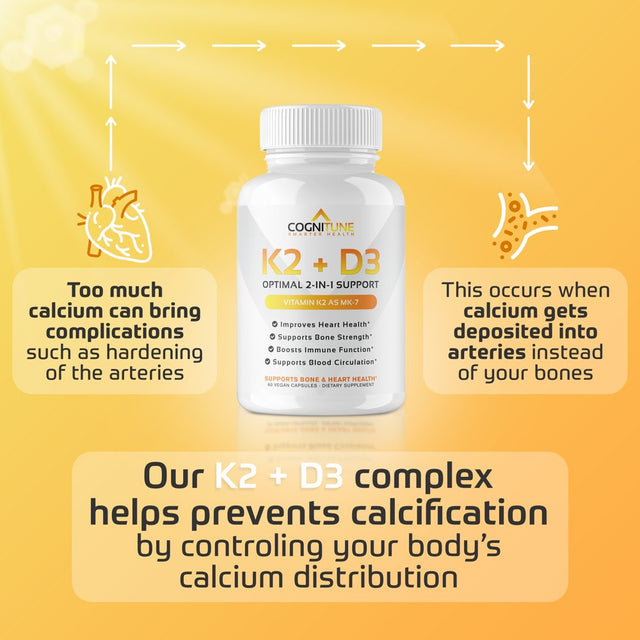 Cognitune Vitamin D3 5000 IU and Vitamin D3 K2(MK7), Immune Support, Heart and Bone Health Dietary Supplements, 60 Capsules