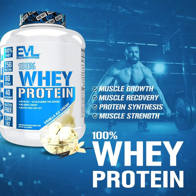 Evlution Nutrition 100% Whey Protein, 25G of Whey Protein, 6G of Bcaas, 4G of Glutamine, Gluten Free (5 LB, Vanilla Ice Cream)