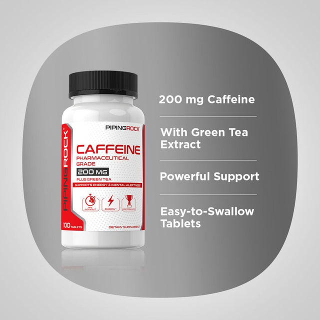 Caffeine Pills 200Mg | 100 Tablets | Pre Workout Supplement | with Green Tea | by Piping Rock