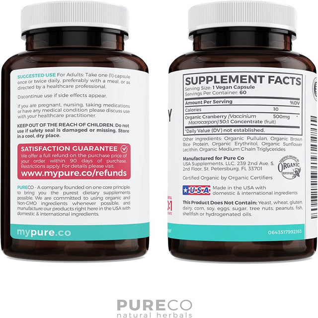 Pure Co Organic Cranberry Pills (50:1 Concentrate) - 500Mg Is Equivalent to 25,000Mg Fresh Cranberries - for Kidney Cleanse & UTI Support Vitamins - Fruit Extract Supplement, 60 Capsules