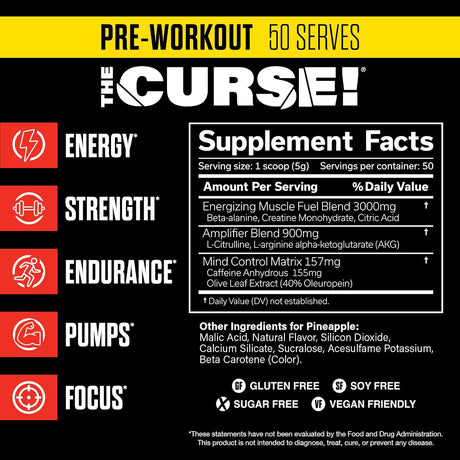 JNX SPORTS the Curse! Pre Workout Powder - Pineapple 50 Servings | Preworkout: Boost Strength, Energy + Focus for Men & Women | Caffeine, Beta-Alanine, Creatine & L-Citrulline