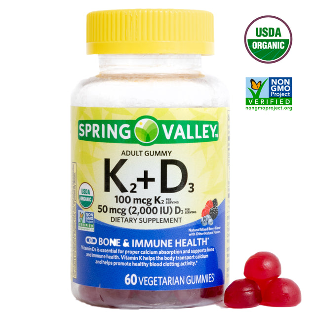 Spring Valley Non GMO K2 and D3 Vegetarian Gummies, Mixed Berry, 50 Mcg (2000 IU), 60 Count