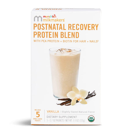 Munchkin® Milkmakers® Postnatal Recovery Protein Powder with Pea Protein, Lactation and Biotin for Postpartum Support, Vanilla, White,5 Count (Pack of 1)