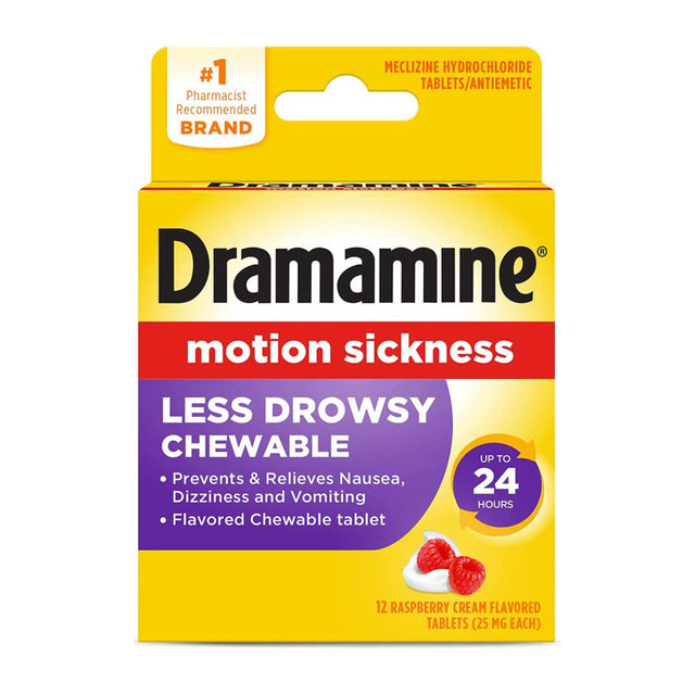 Dramamine Chewable Less Drowsy, Motion Sickness Relief, Raspberry Cream Flavor, 12 Count