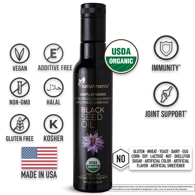 Naturments Premium Black Seed Oil USDA Certified 100% Organic Cold Pressed for Potency Non-Gmo Vegan Gluten Free Cruelty Free Nigella Sativa Oil for Immune Joints Digestion Hair & Skin 8Oz