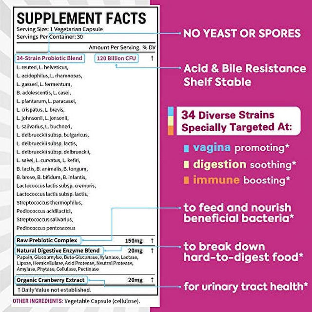 Surebounty 4-In-1 Feminine Probiotic, 120 Billion CFU + 34 Strains, Highest Potency for Women, Prebiotics + Digestive Enzymes + Cranberry, Digestive, Vaginal, Mood, Immune & Overall Support,