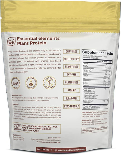 Essential Elements Organic Pea Protein Powder - Very Vanilla | Low-Carb Plant-Based Vegan Blend - Keto-Friendly and Gluten-Free | 20 Servings, 18.2 Oz