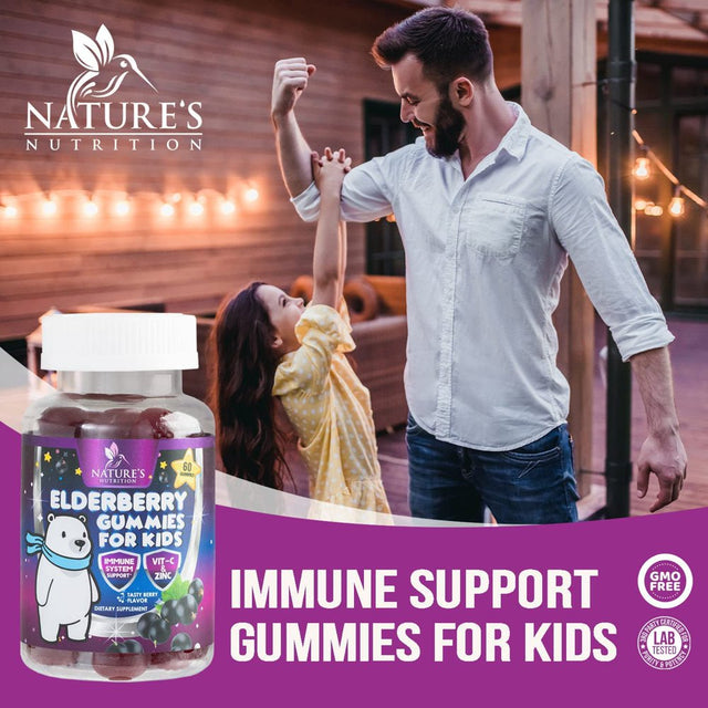 Elderberry Gummies for Kids with Vitamin C, Zinc & Sambucus Black Elderberry Extract - Daily Childrens Immune Support Vitamins Gummy Supplement, Non-Gmo, Vegan, Natural Berry Flavor - 60 Gummies