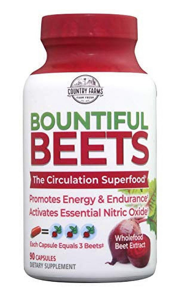 Country Farms Bountiful Beets Root Capsules, Wholefood Beet Extract Superfood, Natural Nitric Oxide Booster, Circulation and Immune Support, 90 Count, 90 Servings