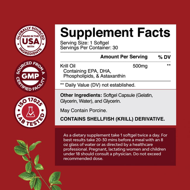 Antarctic Krill Oil 500Mg Softgels - High Absorption Krill Oil Omega 3 Fatty Acid Supplement with Potent EPA DHA Astaxanthin and Phospholipids - Wild Caught Burpless Fish Oil Omega 3