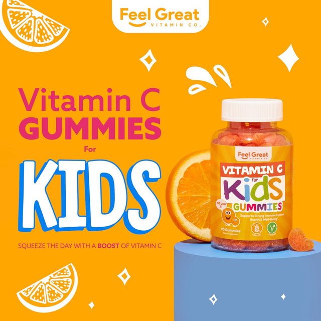 Kids Vitamin C Gummies | Chewable Vitamin C for Immune Defense | Plant-Based, Gluten Free, Non-Gmo | Vegan Vitamin C 250 Mg | 90 Gummies | Vitamins for Kids by Feel Great Vitamin Co.