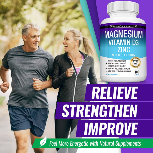 Toplux Magnesium Zinc Vitamin D3 Calcium - Support Bone & Muscle Health, Immune System 100 Tablets