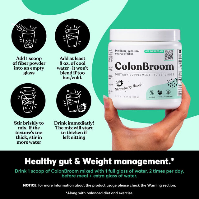 Colonbroom Psyllium Husk Powder Colon Cleanser - Fiber Supplement, Strawberry Flavor, 40 Servings