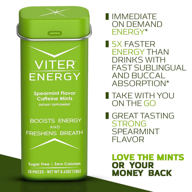 Viter Energy Original Caffeine Mints Spearmint Flavor 6 Pack and 1/2 Pound Bulk Bag Bundle - 40Mg Caffeine, B Vitamins, Sugar Free, Vegan, Powerful Energy Booster for Focus and Alertness