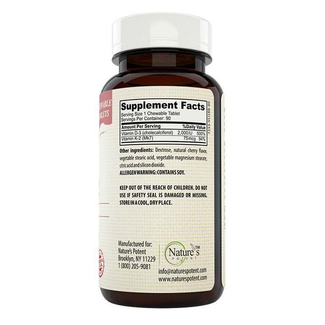 Nature'S Potent™ - Vitamin D-3 & K-2 2000 IU/75 Mcg, Chewable Tablets