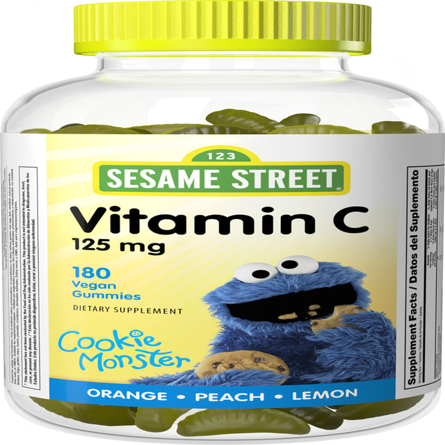 Sesame Street Vitamin C Gummies for Kids 2+, 125 Mg of Vitamin C per Gummy, 6 Month Supply, Free of Gluten, Dairy, Peanut & Gelatin, Immune, Bone & Teeth Support, Non-Gmo, 180 Vegan Gummies