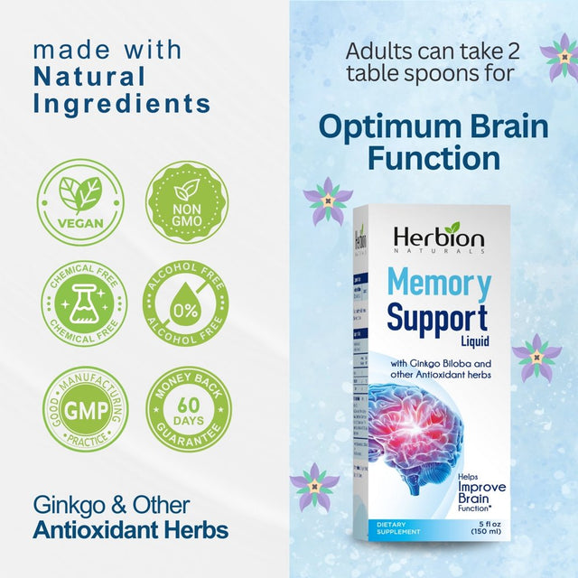 Herbion Naturals Memory Support Liquid - Helps Improve Brain Function & Absent Mindedness, Reduce Anxiety & Fatigue, Soothe Stress & Improve Mood - Adults and Children over 12 Yo - 5 Fl Oz (150 Ml)