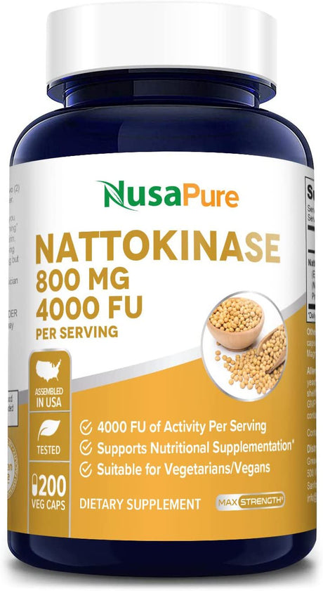 Nusapure Nattokinase 800Mg: Potent 4000 FU Dietary Supplement Promoting Wellness & Health, 200 Veggie Capsules, Non-Gmo, Gluten-Free, for Unisex Adult