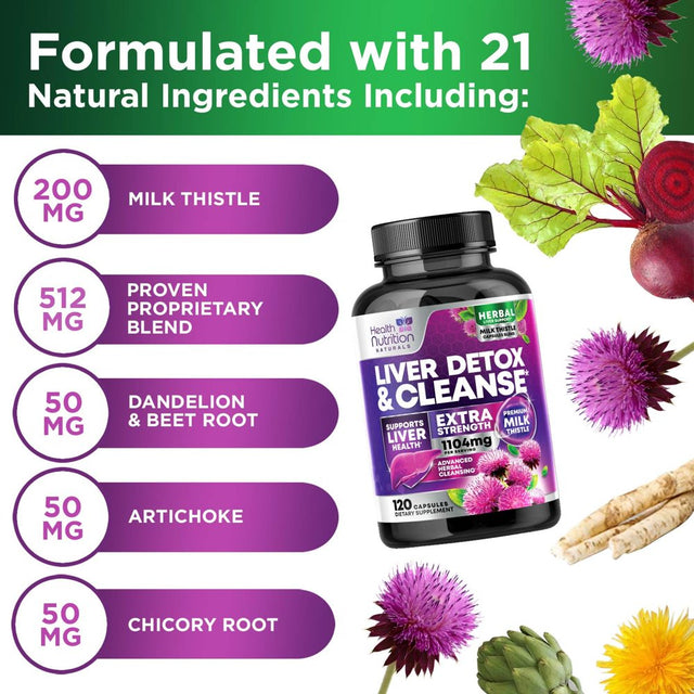 Gentle Liver Cleanse Detox & Repair Formula - Herbal Liver Support Supplement: Milk Thistle with Silymarin, Artichoke Extract, Dandelion, Beet, Chicory Root, & Turmeric for Liver Health - 120 Capsules