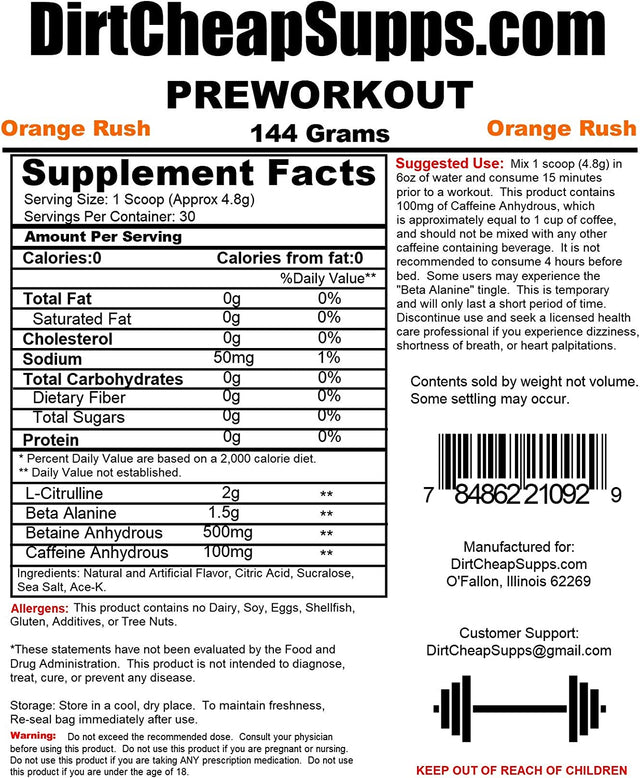 Dirtcheapsupps Pre Workout (30 Servings) Orange - Increase Pump and Energy