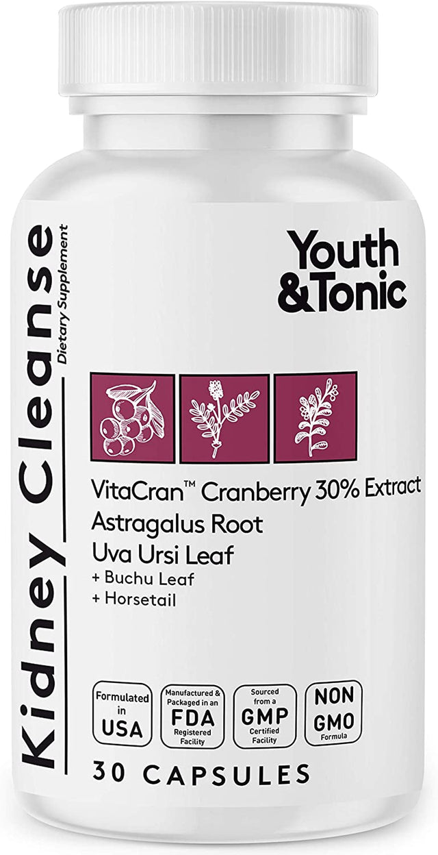 Youth & Tonic Kidney Cleanse Detox for Residual Metabolic Waste & Excess Body Water for Urinary Tract & Bladder Health 30 Capsules