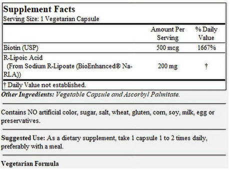 R-Lipoic Acid 200Mg Stabilized with Bio-Enhanced® Na-Rla with Biotin (60 Vegetarian Capsules)