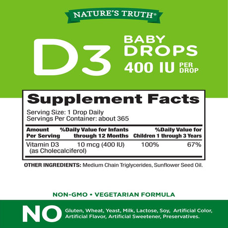 Nature'S Truth Vitamin D Drops for Infants | 400 IU | 9.2 Ml | D3 Drops for Kids | Vegetarian, Non-Gmo, Gluten Free