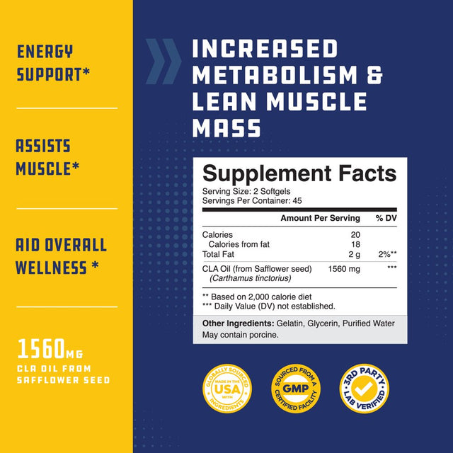 Conjugated Linoleic Acid CLA Supplement - Safflower Oil Lean Muscle Mass Pre Workout Supplement for Men and Women for Natural Muscle Builder - 1560Mg per Serving Supplements with Essential Fatty Acids