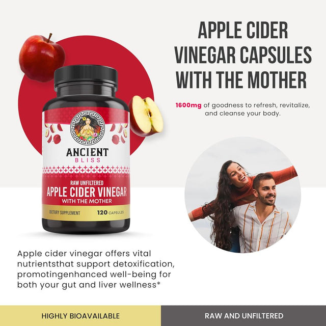 Ancient Bliss Apple Cider Vinegar (ACV) Organic Capsules, Improve Digestion & Appetite , Unfiltered Vinegar Capsules,1600Mg, 120 Capsules