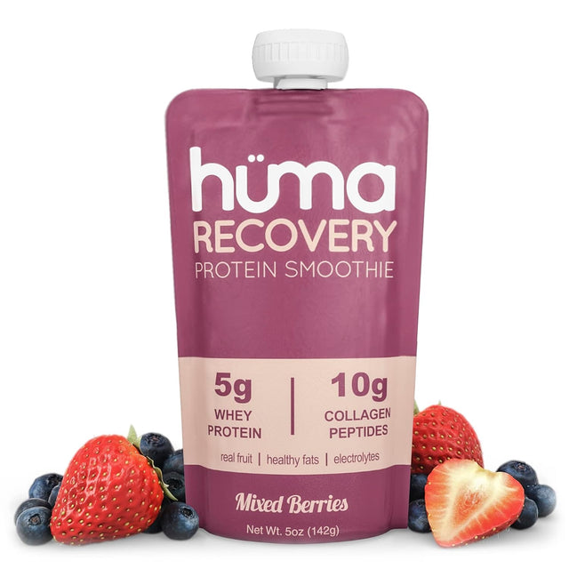 Huma Recovery Protein Smoothie, 6 Pouches – 15G Collagen + Whey Post Workout Recovery Drink – Ready-To-Drink Protein Shake with Real Fruit, Electrolytes, Healthy Fats