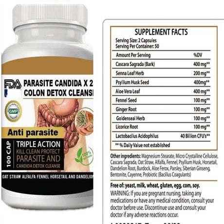 Parasite Detox Clean COLON Flush & Cleanse Parasite Cleanse Candida Support - 100 Capsules