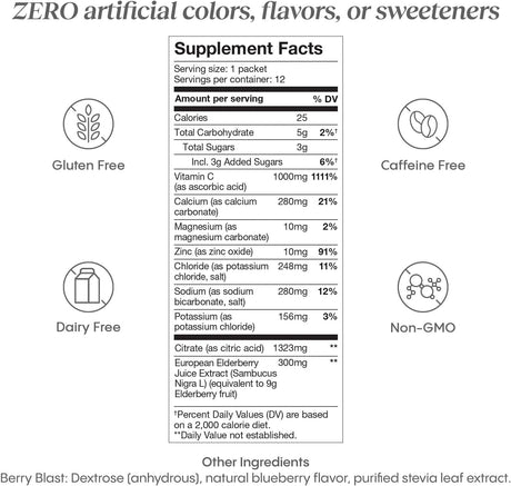 Hydralyte Electrolytes plus Immunity, Elderberry - Low Sugar Rapid Rehydration Powder - Lightly Sparkling Electrolyte Powder Packets with 1,000Mg Vitamin C and 300 Mg Elderberry (8Oz Serve, 12 Count)