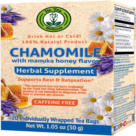 Dr. TEA Chamomile Tea - Manuka Honey Flavor -20 Tea Bags - Caffeine Free Calm Sleep Tea for Relaxation Decaf