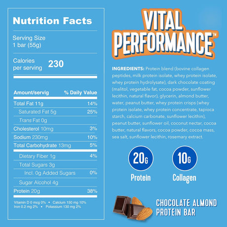 Vital Performance Protein Bar, Healthy Snacks, 20G of Protein, 10G of Collagen Peptides, 2-3G of Sugar, Low Lactose, 12 Pack, Chocolate Almond