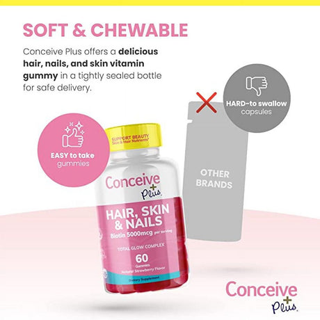 Conceive plus Hair Skin & Nails Gummies - Extra-Strength Biotin, VIT A, C, D3, E Vitamins - Vegan, Hair Growth Supplement - Gelatin-Free - 60 Count