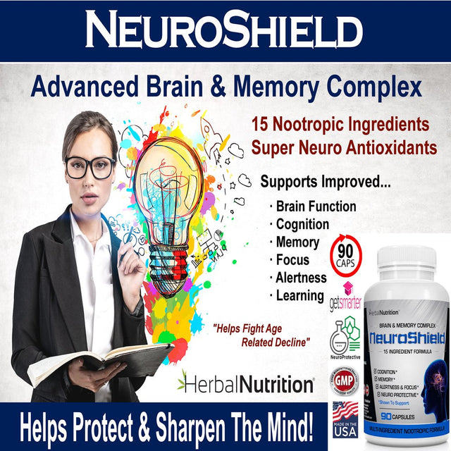 Neuroshield Advanced Memory Formula, Brian Boosting Ingredients, Bacopa, Huperzine-A & More Four Bottles