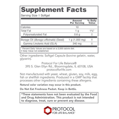 Protocol for Life Balance - Borage / GLA 1,000 Mg - Rich in Omega-6 Fatty Acids - Helps Reduce Inflammation, Supports Healthy Immune System, Joint Function, Hormonal Imbalances - 60 Softgels