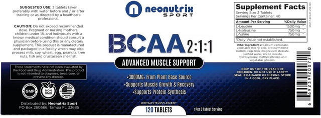 BCAA 2:1:1 Branched Chain Amino Acids Capsules for Muscle Recovery, Energy & Endurance – Vegan Pre & Post Workout Supplement with L-Leucine, L-Isoleucine & L-Valine 120 Tablets by Neonutrix Sports