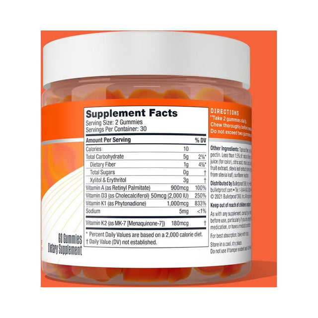 Vitamins A-D-K, 60 Sugar-Free Gummies, Strawberry Orange Flavor |1000Mcg K1, 900Mcg A, 180Mcg K2, 50Mcg D3 | High Potency Bulletproof Keto Supplement for Heart, Bone and Immune Support