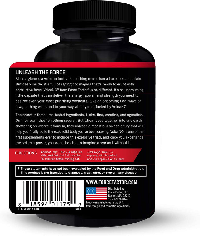 FORCE FACTOR Volcano Pre Workout Nitric Oxide Booster Supplement for Men with Creatine and L-Citrulline to Help Boost Nitric Oxide, Energy, Build Muscle & Improve Blood Flow, 120 Count(Pack of 3)