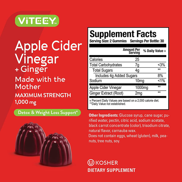 Apple Cider Vinegar Gummies Maximum Strength 1,000Mg plus Ginger, ACV with the Mother Dietary Supplement, Supports Immune Health, Detox, Cleanse, Weight Loss & Digestion-Pectin Gummy [60 Count-2 Pack]